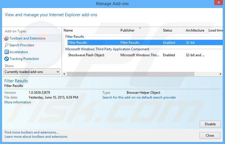 Rimuovere Filter Results adware da Internet Explorer step 2