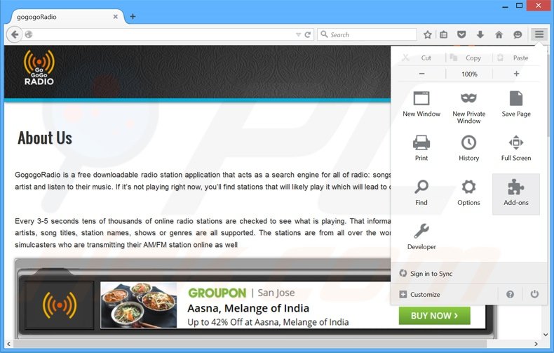 Rimuovere GoGoGoRadio adware da  Mozilla Firefox step 1