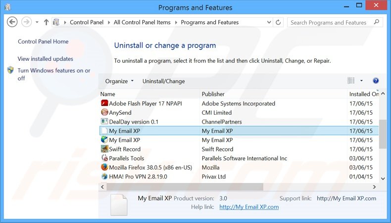 Disinstallare search.myemailxp.com attraverso il pannello di controllo.