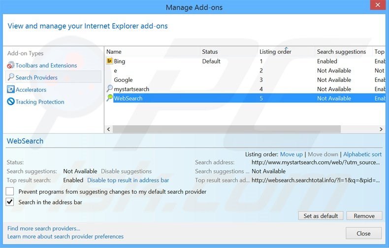 Cambia il motore di ricerca predefinito mysearch123.com da Internet Explorer 