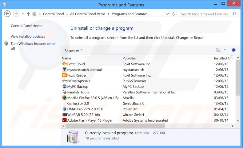 Disinstallare programmi indesiderati attraverso il pannello di controllo.