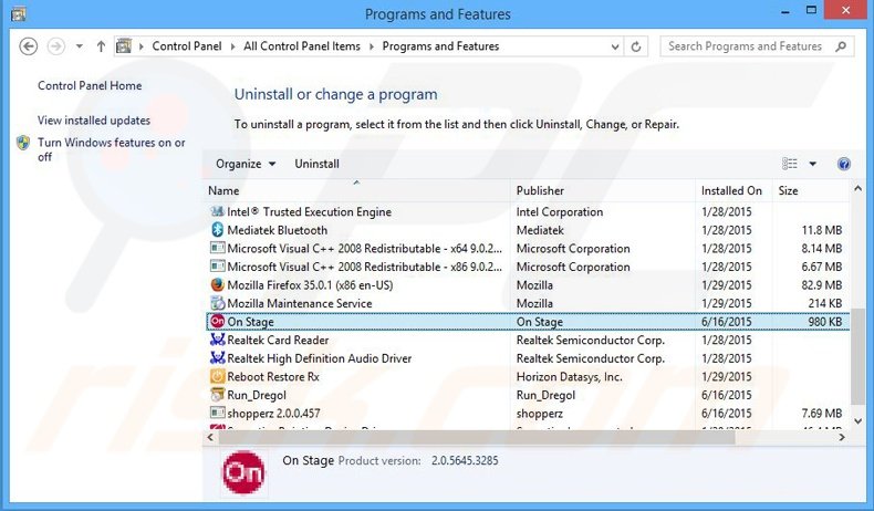 Disinstallare On Stage attraverso il pannello di controllo.