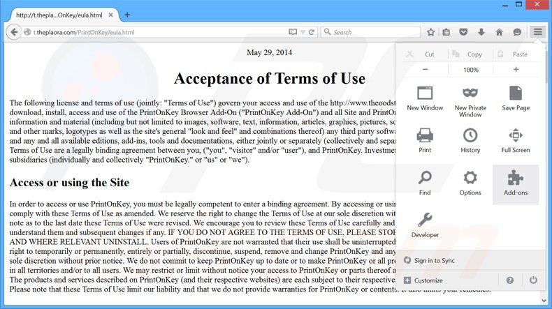 Rimuovere PrintOnKey adware da  Mozilla Firefox step 1