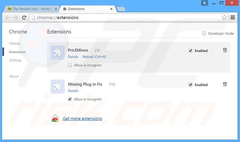 Rimuovere The Results Hub adware da Google Chrome step 2