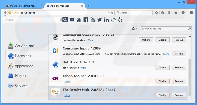 Rimuovere The Results Hub adware da Mozilla Firefox step 2