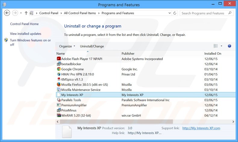 Disinstallare search.myinterestsxp.com attraverso il pannello di controllo