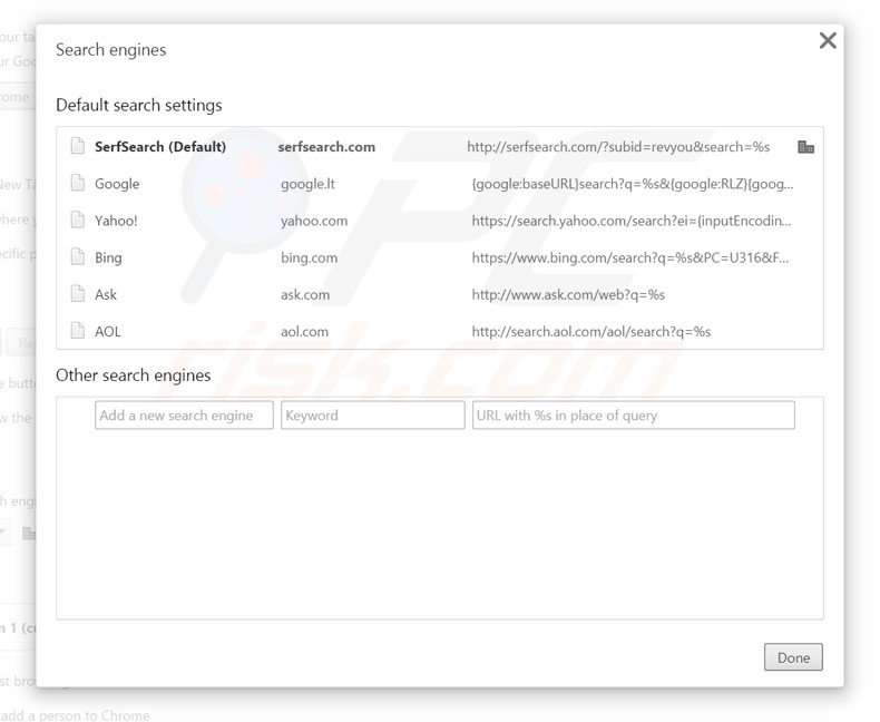 Cambiare il motore di ricerca predefinito serfsearch.com da Google Chrome 