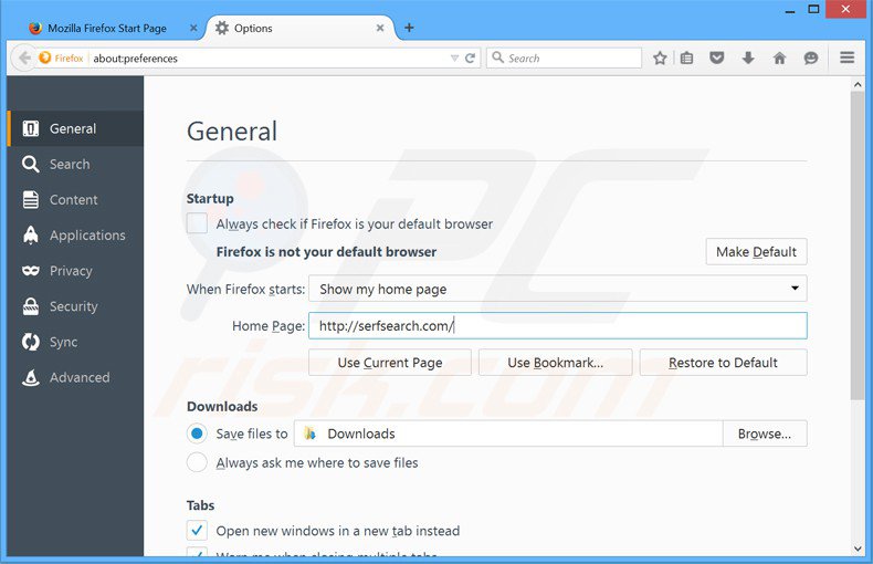 Cambia la tua homepage serfsearch.com da Mozilla Firefox