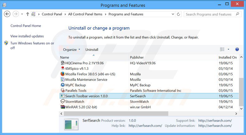 Disinstallare serfsearch.com attraverso il pannello di controllo.