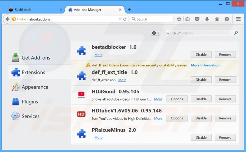 Rimuovere SushiLeads adware da Mozilla Firefox step 2