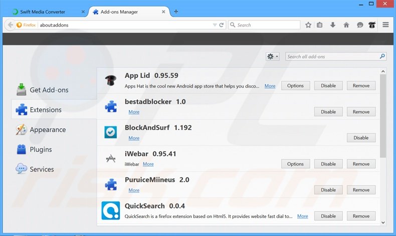 Rimuovere Swift Media Converter adware da Mozilla Firefox step 2