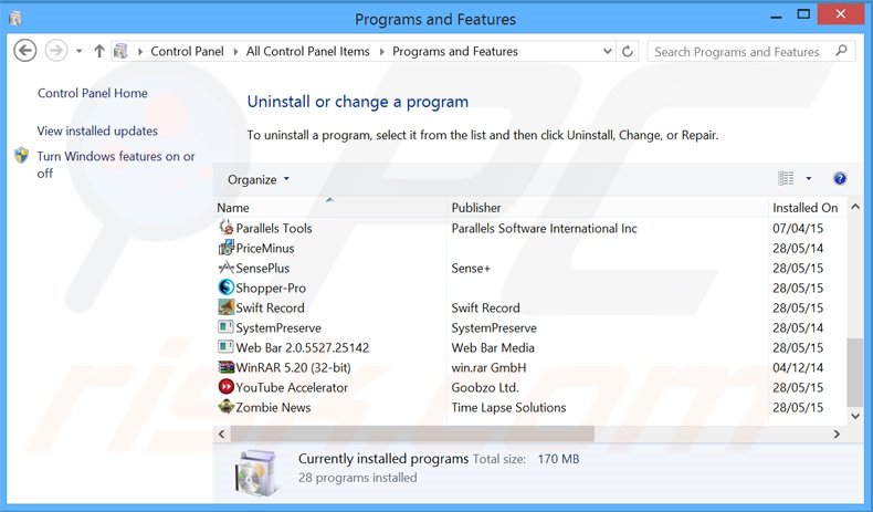 Disinstallare Swift Media Converter attraverso il pannello di controllo.