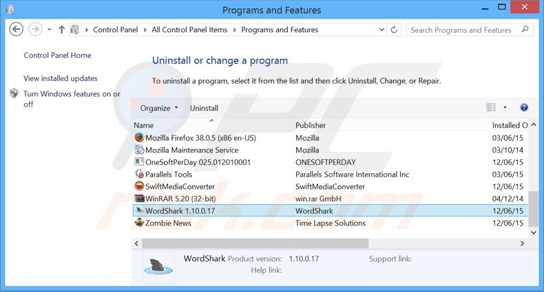 Disinstallare Word Shark attraverso il pannello di controllo.