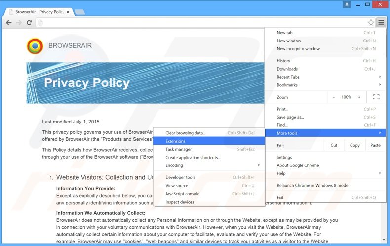 Rimuovere BrowserAir adware da Google Chrome step 1