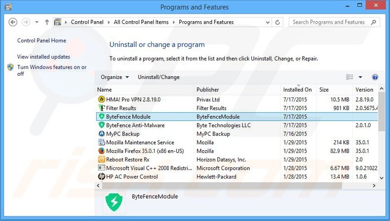Disinstallare ByteFence attraverso il pannello di controllo.
