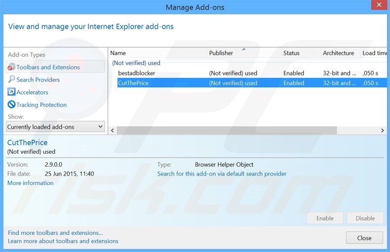 Rimuovere CutThePrice adware da Internet Explorer step 2