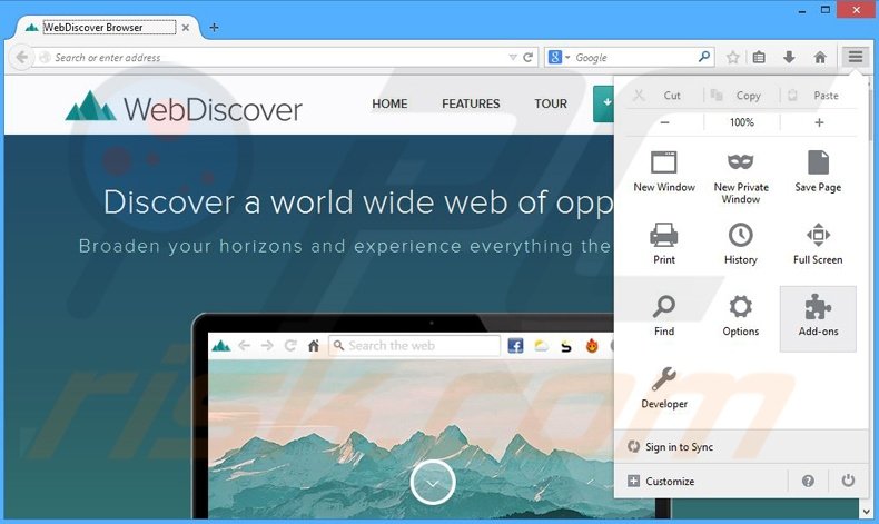 Rimuovere webdiscover da Mozilla Firefox step 1
