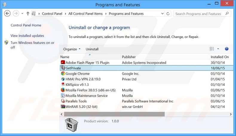 Disinstallare GetPrivate attraverso il pannello di controllo.