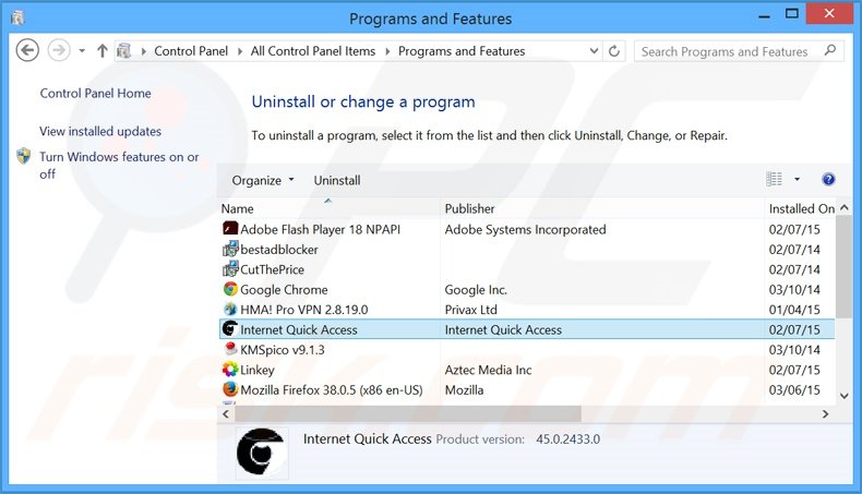 Disinstallare Internet Quick Access attraverso il pannello di controllo.