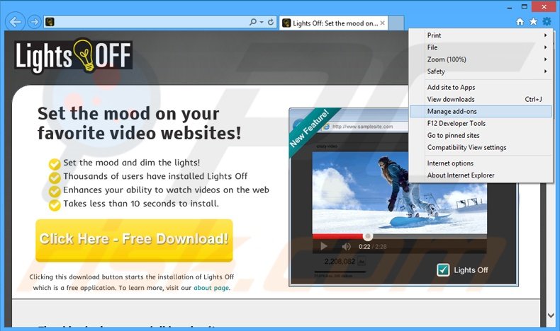 Rimuovere Lights Off adware da Interent Explorer step 1