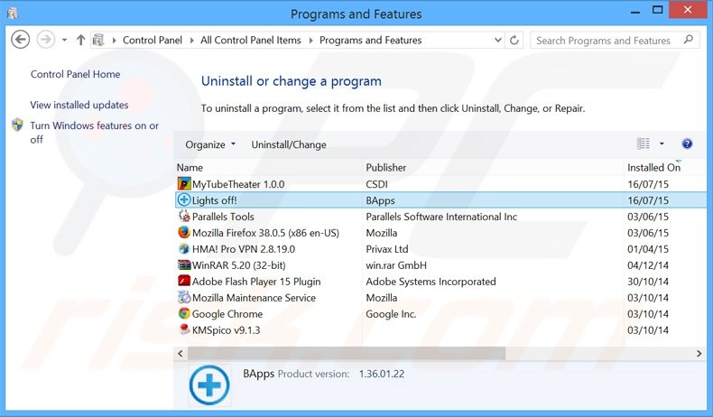 Disinstallare Lights Off attraverso il pannello di controllo.