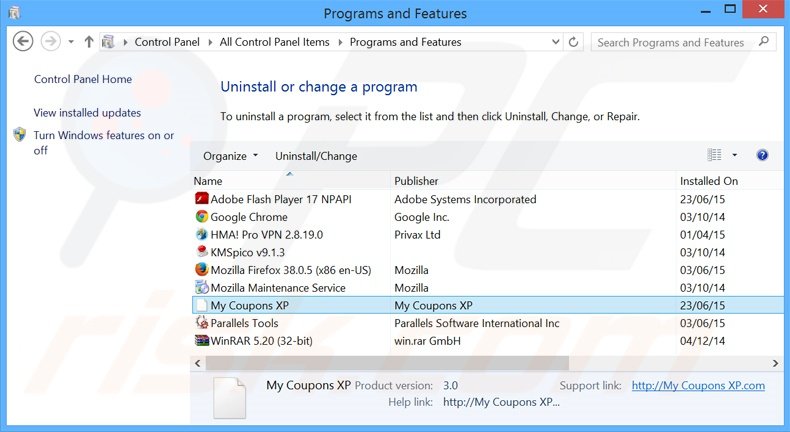 Disinstallare search.mycouponsxp.com attraverso il pannello di controllo.