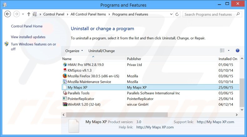 Disinstallare search.mymapsxp.com attraverso il pannello di controllo.