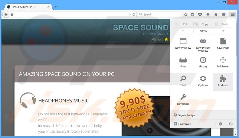Rimuovere SpaceSoundPro da Mozilla Firefox step 1