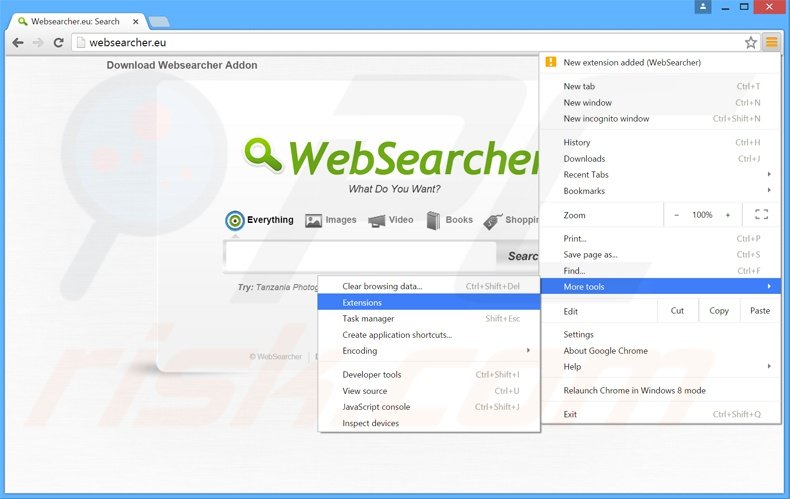 Rimuovere WebSearcher adware da Google Chrome step 1