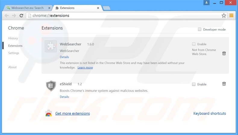 Rimuovere WebSearcher adware da Google Chrome step 2