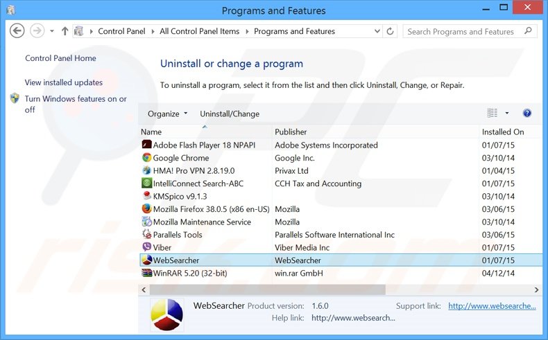 Disinstallare WebSearcher attraverso il pannello di controllo.