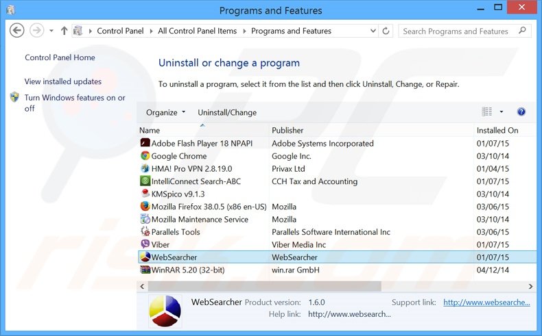 Disinstallare WebSearcher attraverso il pannello di controllo.