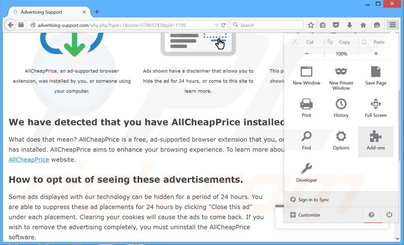Rimuovere Ads Remover adware da Mozilla Firefox step 1