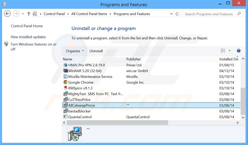Disinstallare AllCheapPrice attraverso il pannello di controllo.