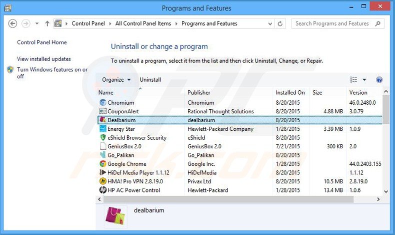 Disinstallare DealBarium attraverso il pannello di controllo.