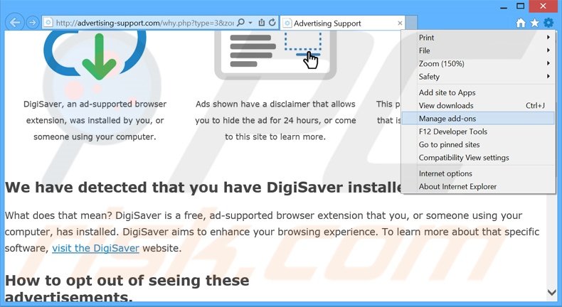 Rimuovere DigiSaver adware da Internet Explorer step 1