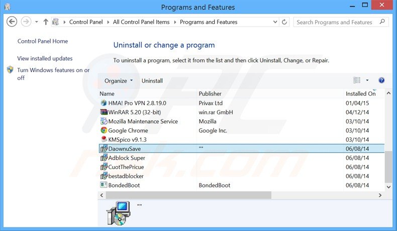 Disinstallare DownSave attraverso il pannello di controllo.