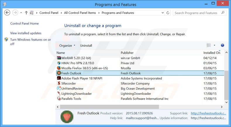 Disinstallare Fresh Outlook attraverso il pannello di controllo.