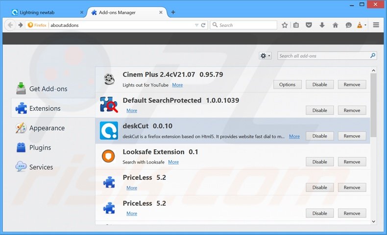 Rimuovere Lightning newtab adware da Mozilla Firefox step 2