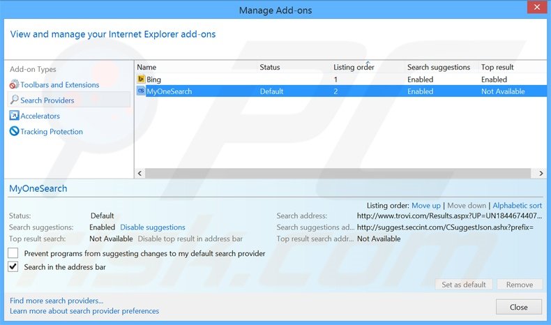 Cambia il motore di ricerca predefinito MyOneSearch.net da Internet Explorer 