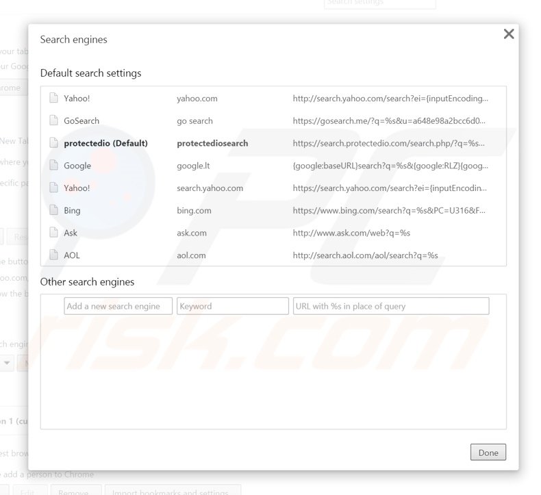 Cambiare il motore di ricerca predefinito search.protectedio.com da Google Chrome 
