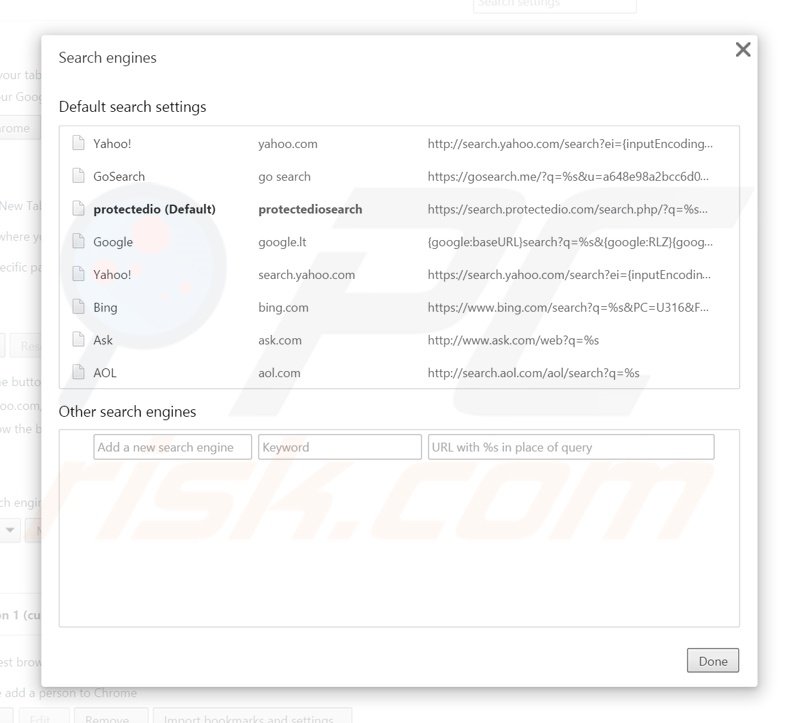 Cambiare il motore di ricerca predefinito search.protectedio.com da Google Chrome 