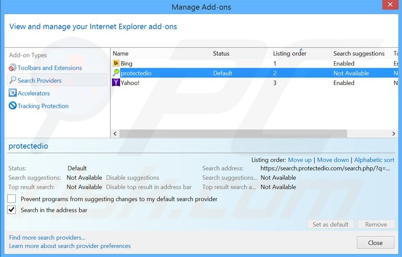 Cambia il motore di ricerca predefinito search.protectedio.com da Internet Explorer 
