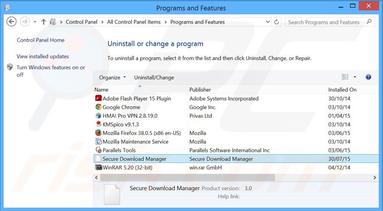 Disinstallare Secure Download Manager attraverso il pannello di controllo.