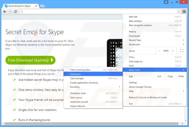 Rimuovere SkyeMoji adware da Google Chrome step 1