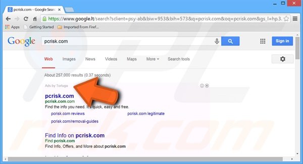 Internet search advertisements generated by Tortuga adware
