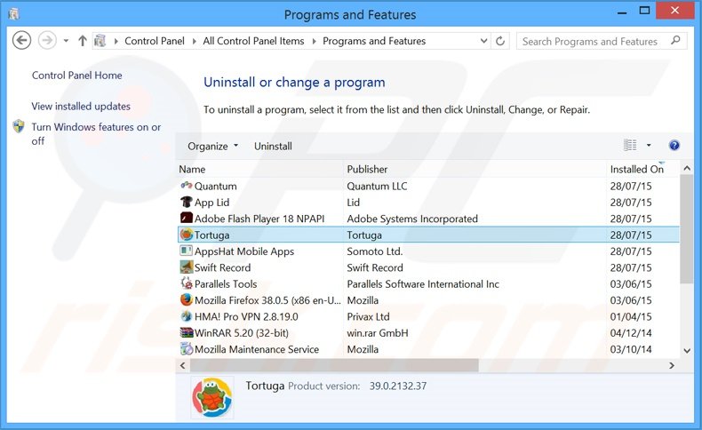 Disinstallare Tortuga attraverso il pannello di controllo.