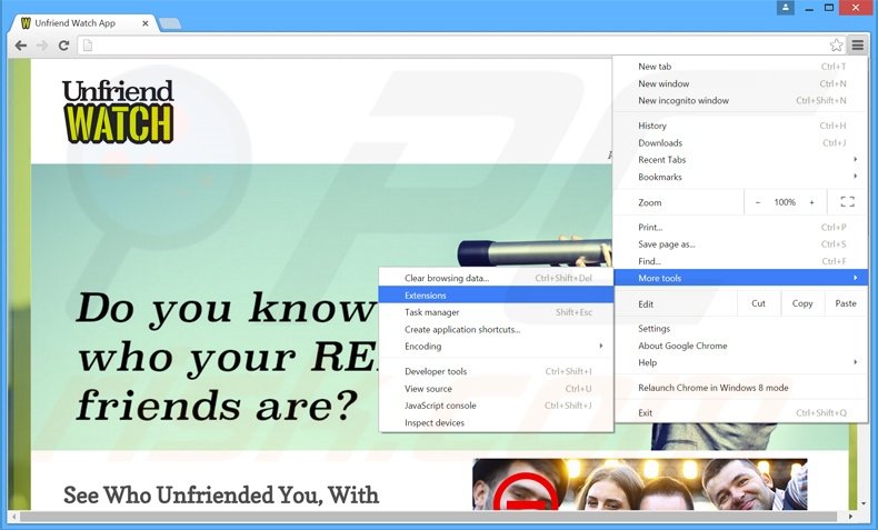 Rimuovere Unfriend Watch adware da Google Chrome step 1