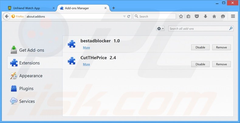 Rimuovere Unfriend Watch adware da Mozilla Firefox step 2