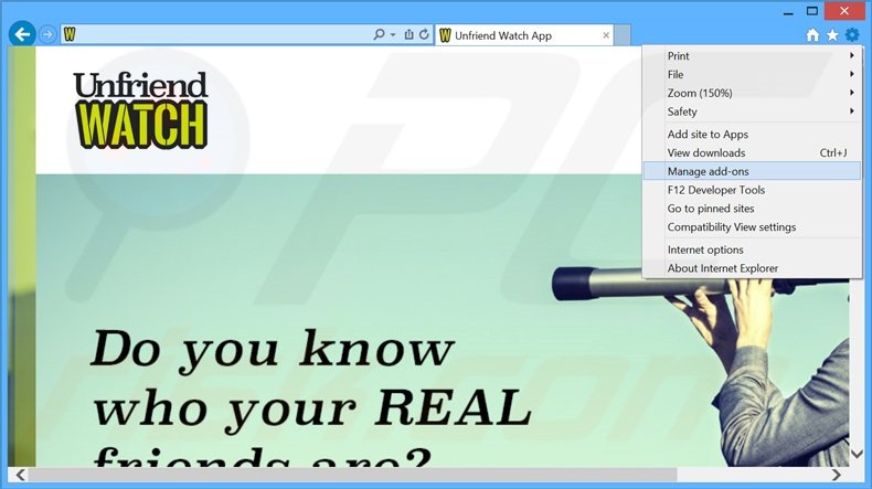 Rimuovere Unfriend Watch adware da Internet Explorer step 1